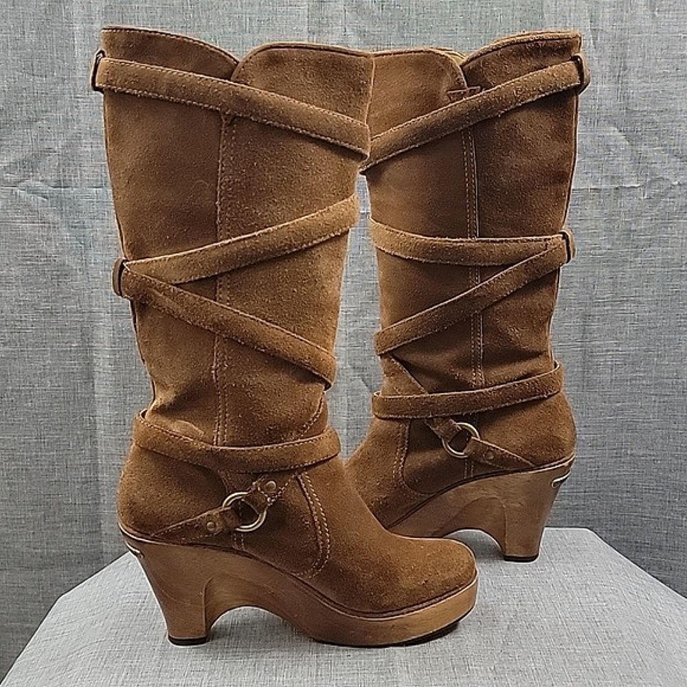 Michael Kors Tall Brown Suede Leather Strappy Wedge Heeled Slouch Boots SZ  6.5